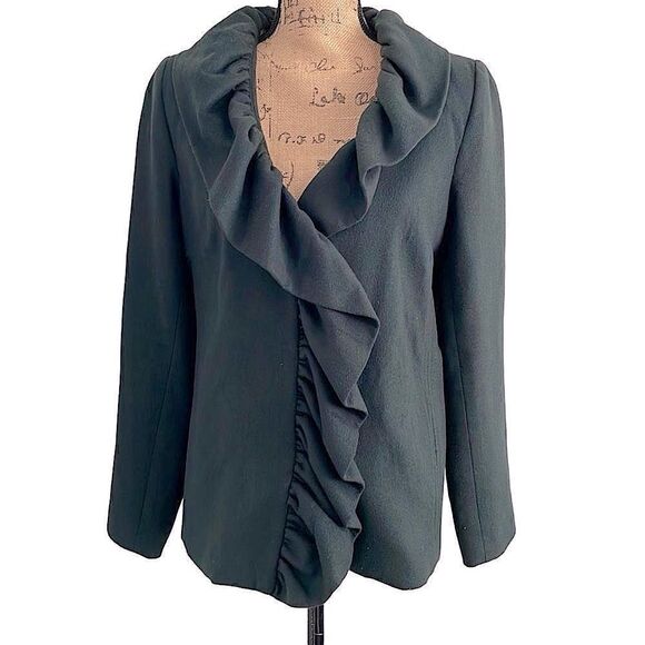 Banana Republic Jackets & Blazers - EUC Milly of New York Forest Green Wool Blend Ruffle Collar Trim Coat - Size 10